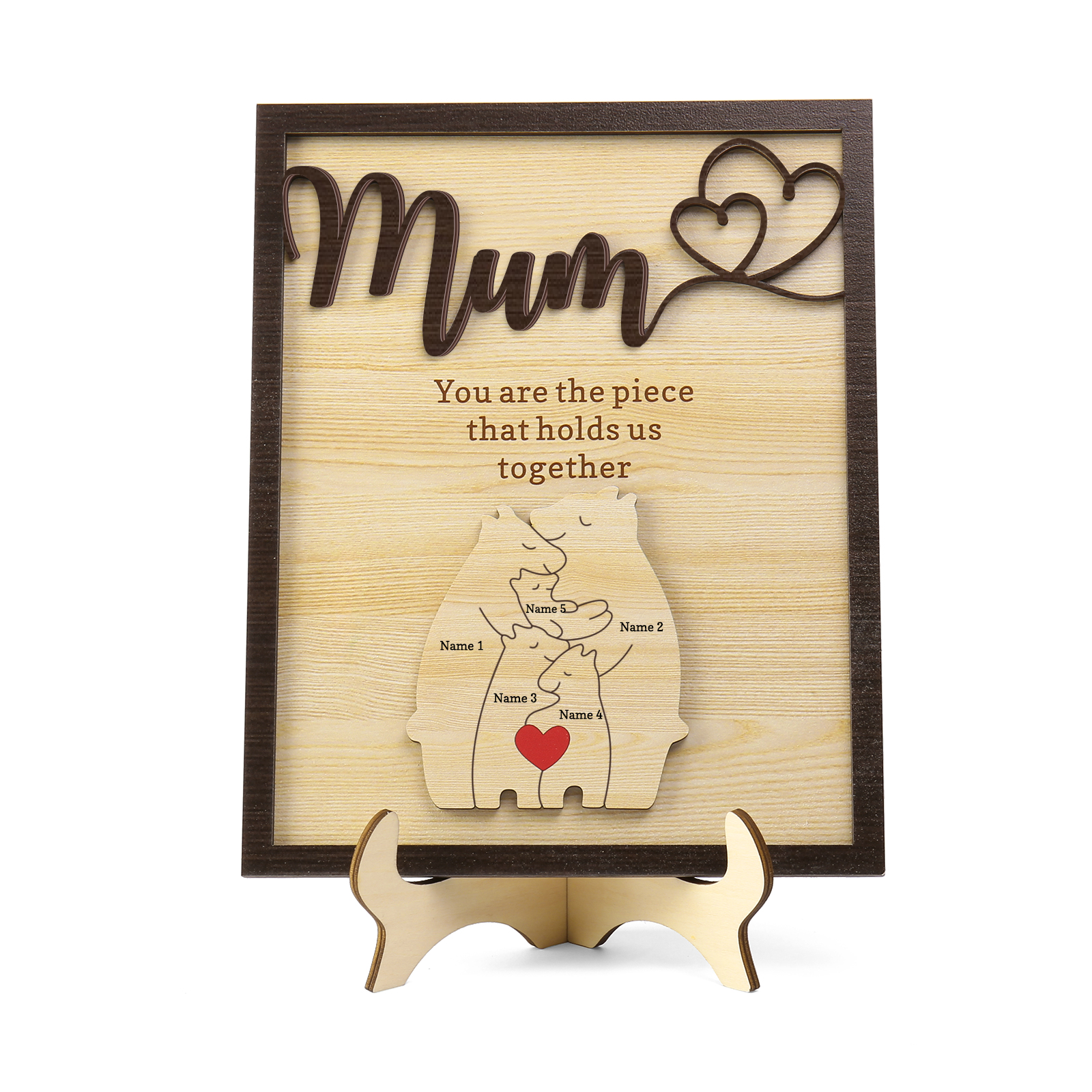 Personalised Bear Puzzle Pieces Wooden Plaque Custom 5 Names Family Ornament With Stand Gifts for Mum - You Are The Piece That Holds Us Together-Jessemade AU