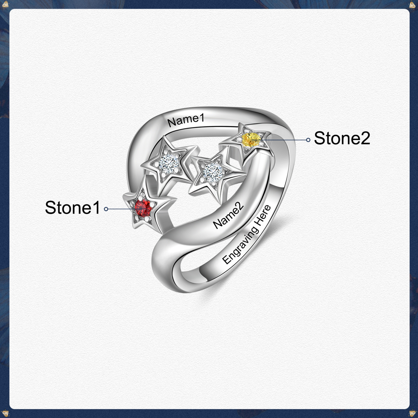 Personalised Star Ring With 2 Birthstones Engraved Names Ring Gift For Women-Jessemade AU