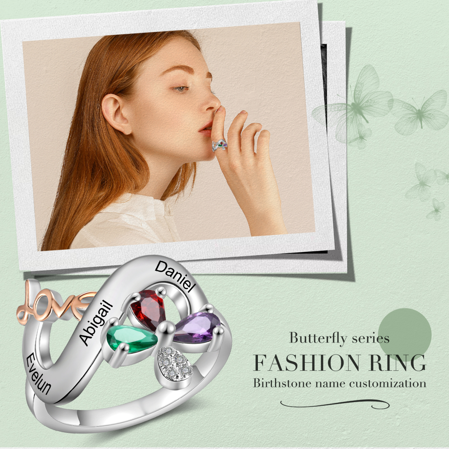 Personalised Butterfly Ring Custom 3 Birthstones Love Ring Gifts For Her-Jessemade AU