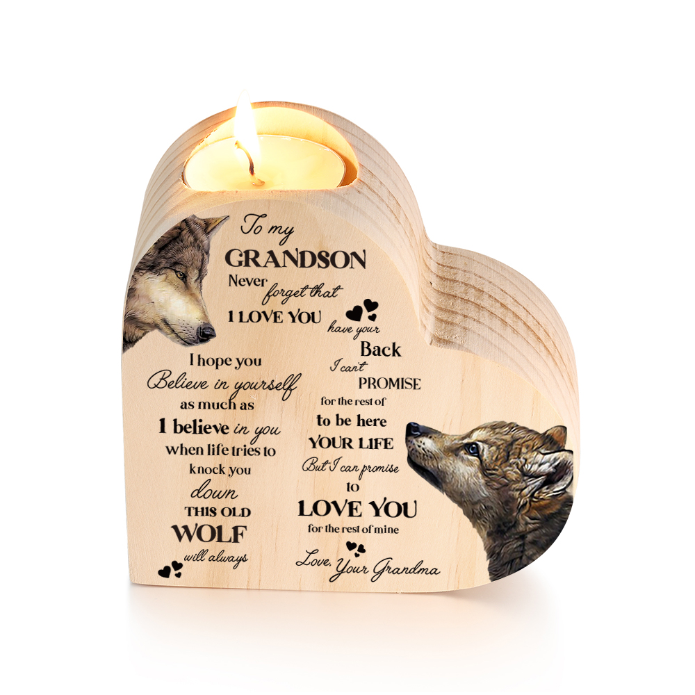 To My Grandson Wooden Heart Candle Holder "Never forget that I love you"-Jessemade AU