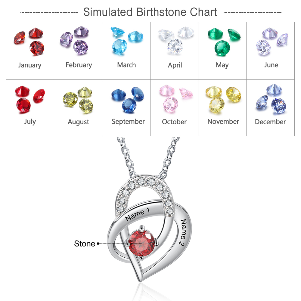 Personalised Heart Necklace With 1 Birthstone Engraved Names Gift For Women-Jessemade AU