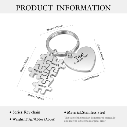 5 Names - Personalised Puzzle Pieces Keychain Custom 1 Text Heart Keychain Gifts For Dad/Mom-Jessemade AU