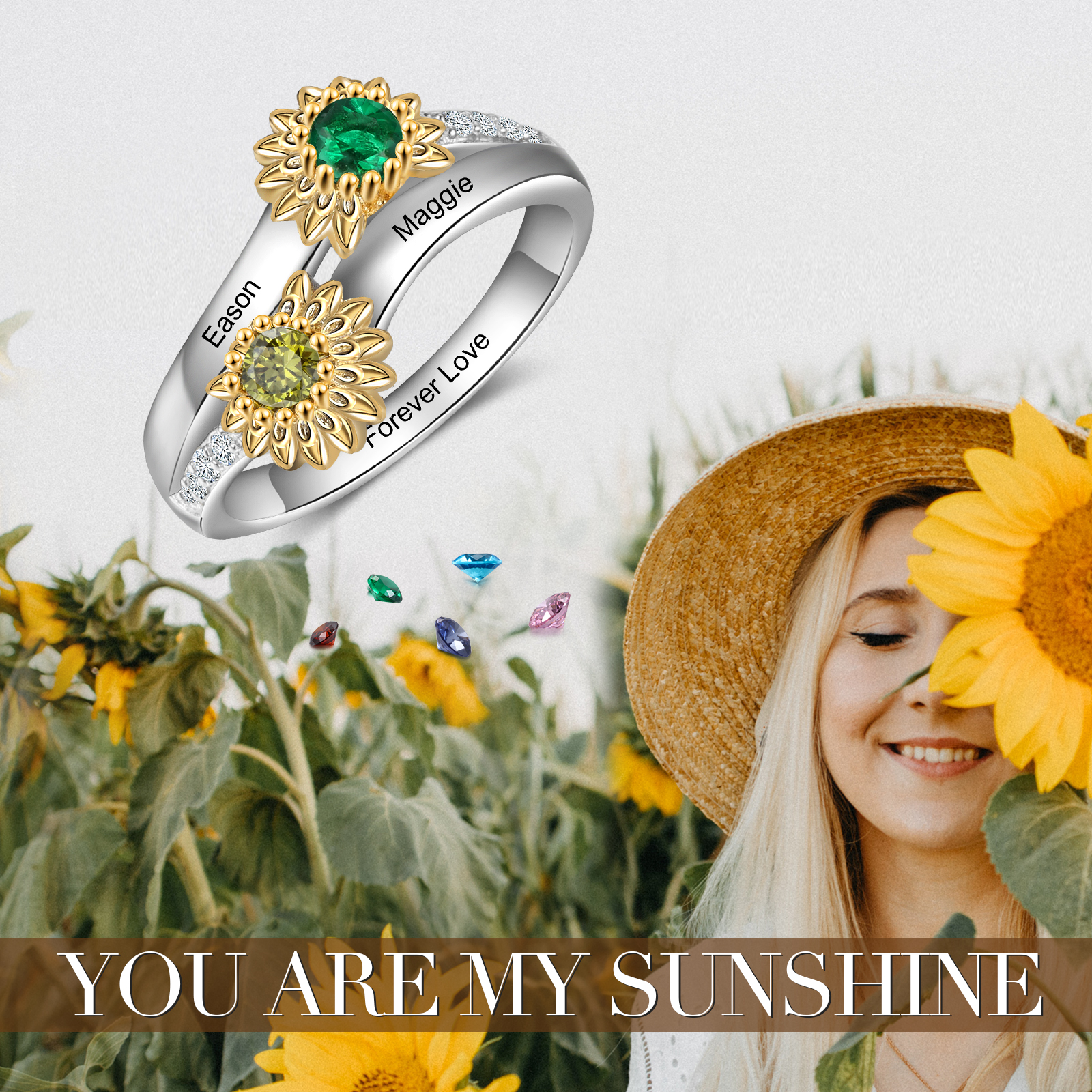 Personalised Sunflower Ring With 2 Birthstones Engraved Names Ring Gift For Women-Jessemade AU