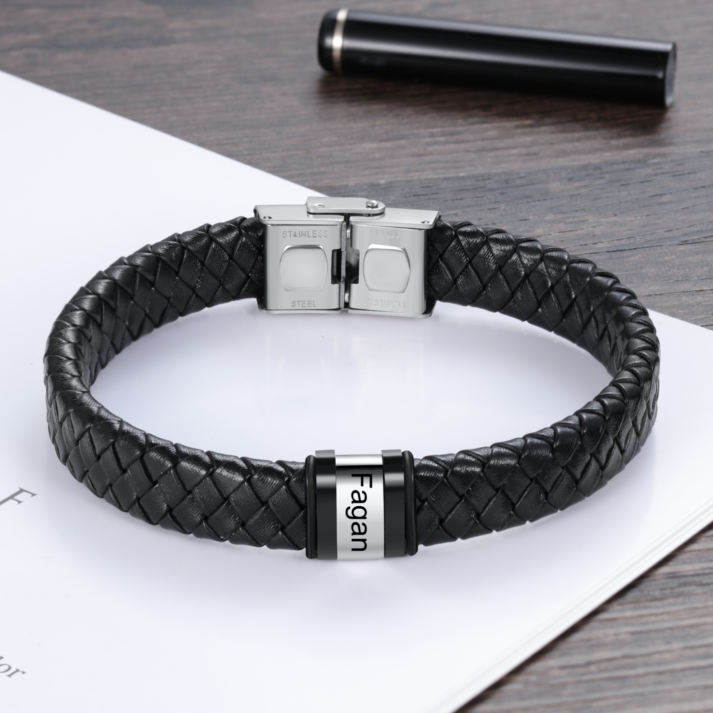 Men Leather Braided Bracelet Personalised with 1 Name Black-Jessemade AU