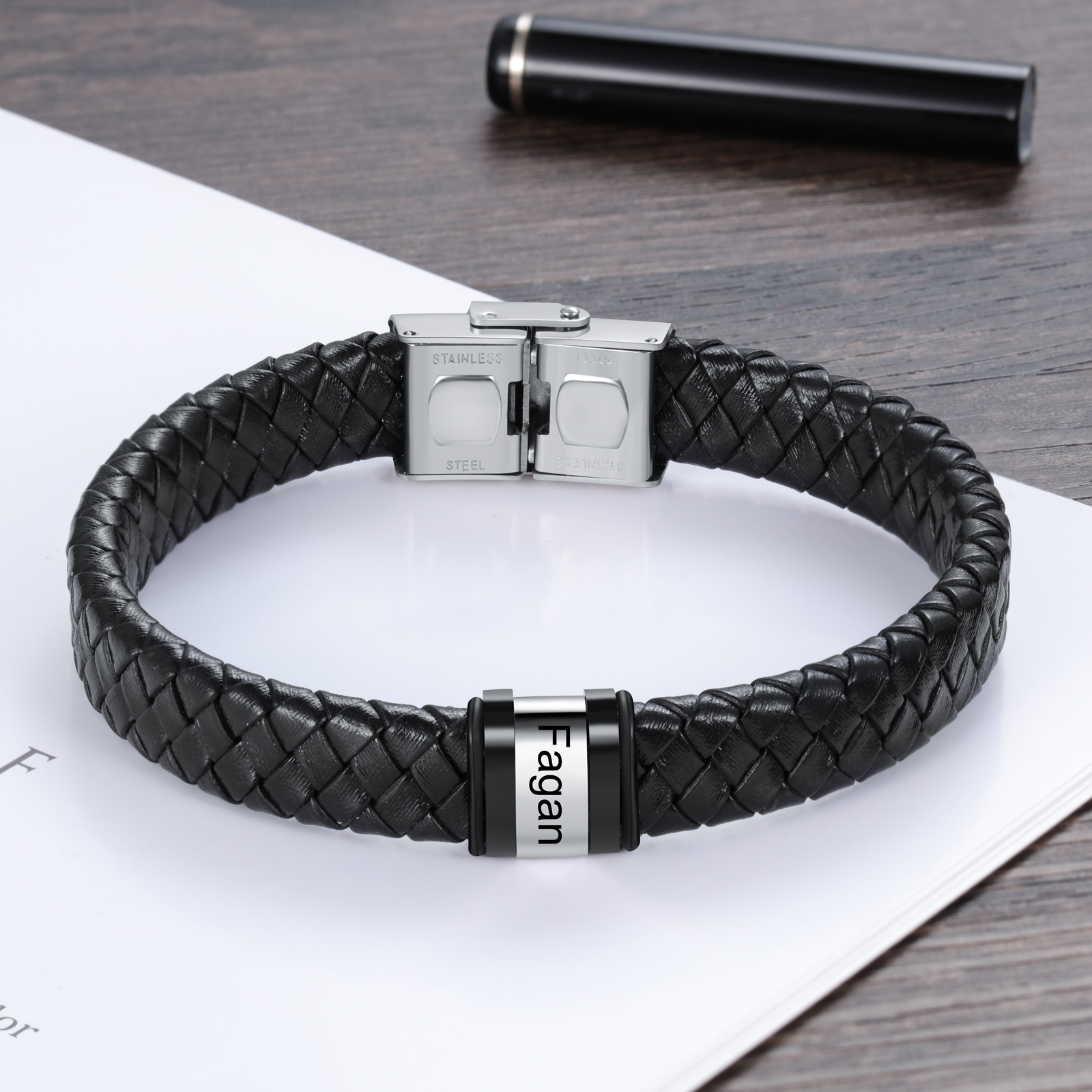 Men Leather Braided Bracelet Personalised with 1 Name Black-Jessemade AU