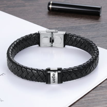Men Leather Braided Bracelet Personalised with 1 Name Black-Jessemade AU