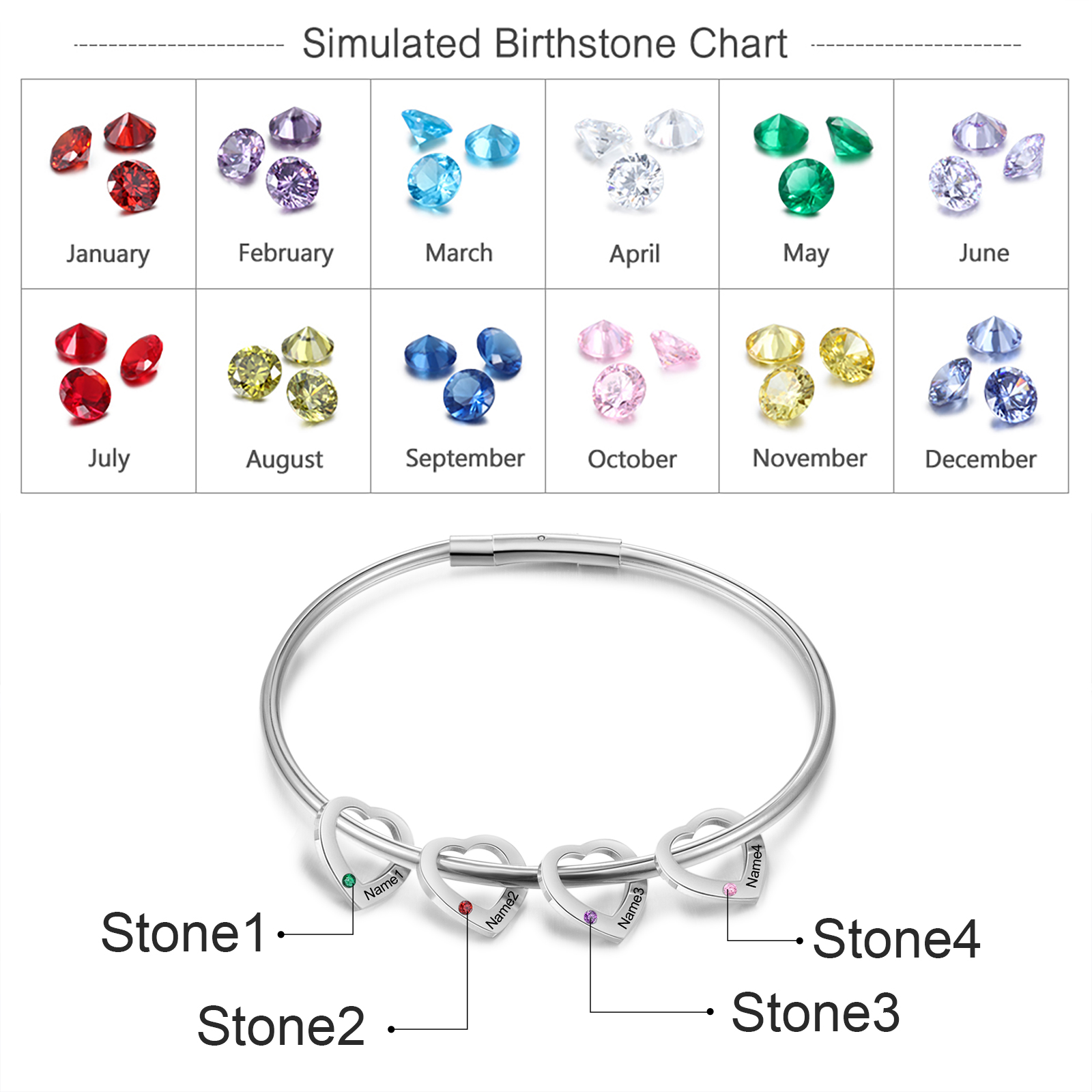 Personalised Heart Bracelet With 4 Birthstones Engraved Names Bracelet Gift For Women-Jessemade AU