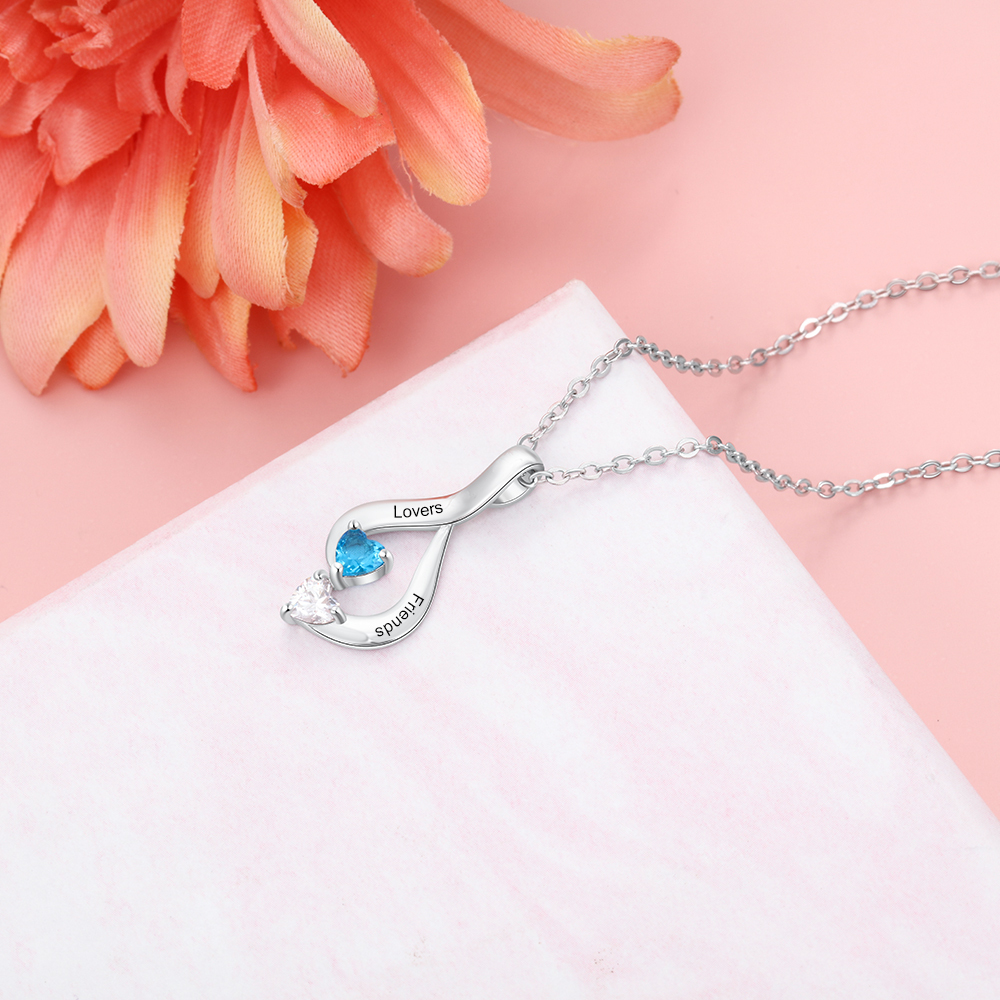 Personalised Necklace With 2 Heart Birthstones Engraved Names Gift For Her-Jessemade AU