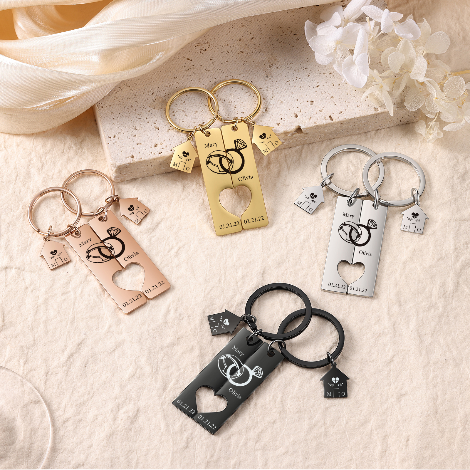 Personalised Couple Keychain Custom 2 Names & Letters & Dates Metal Keyring Matching Keychains Gifts for Couples-Jessemade AU