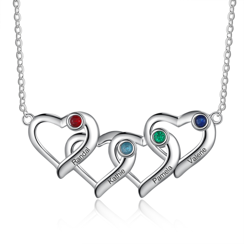 Personalised Heart Necklace With 4 Birthstones Engraved Names Gift For Her-Jessemade AU