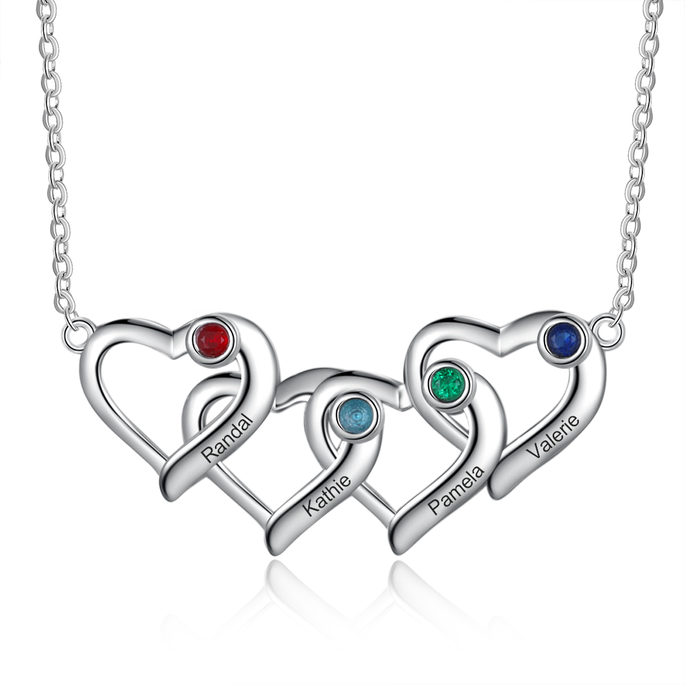 Personalised Heart Necklace With 4 Birthstones Engraved Names Gift For Her-Jessemade AU