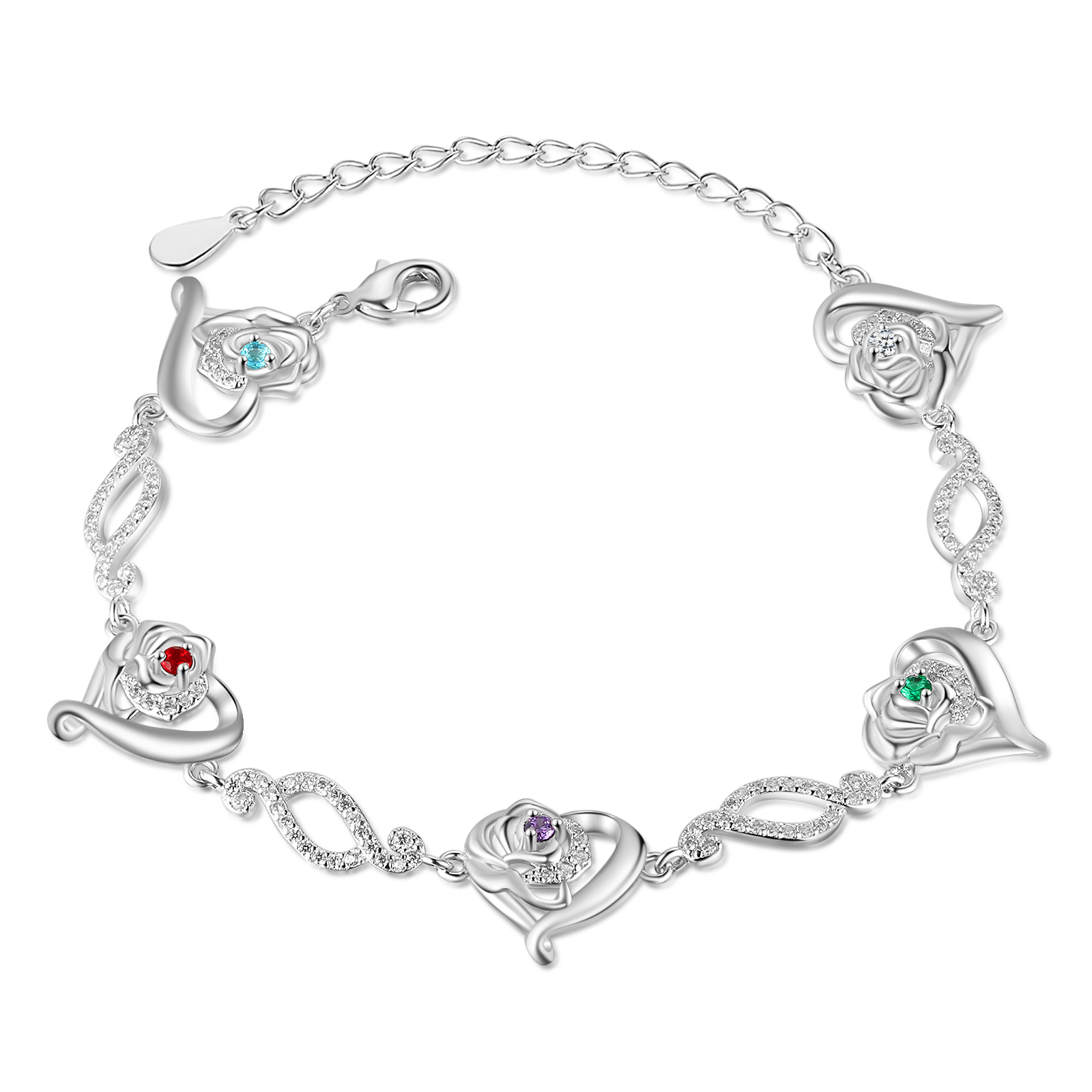 Flowers Bracelet Personalised 4 Birthstones Bracelet Engraved Names Flowers Charm Gifts For Her-Jessemade AU