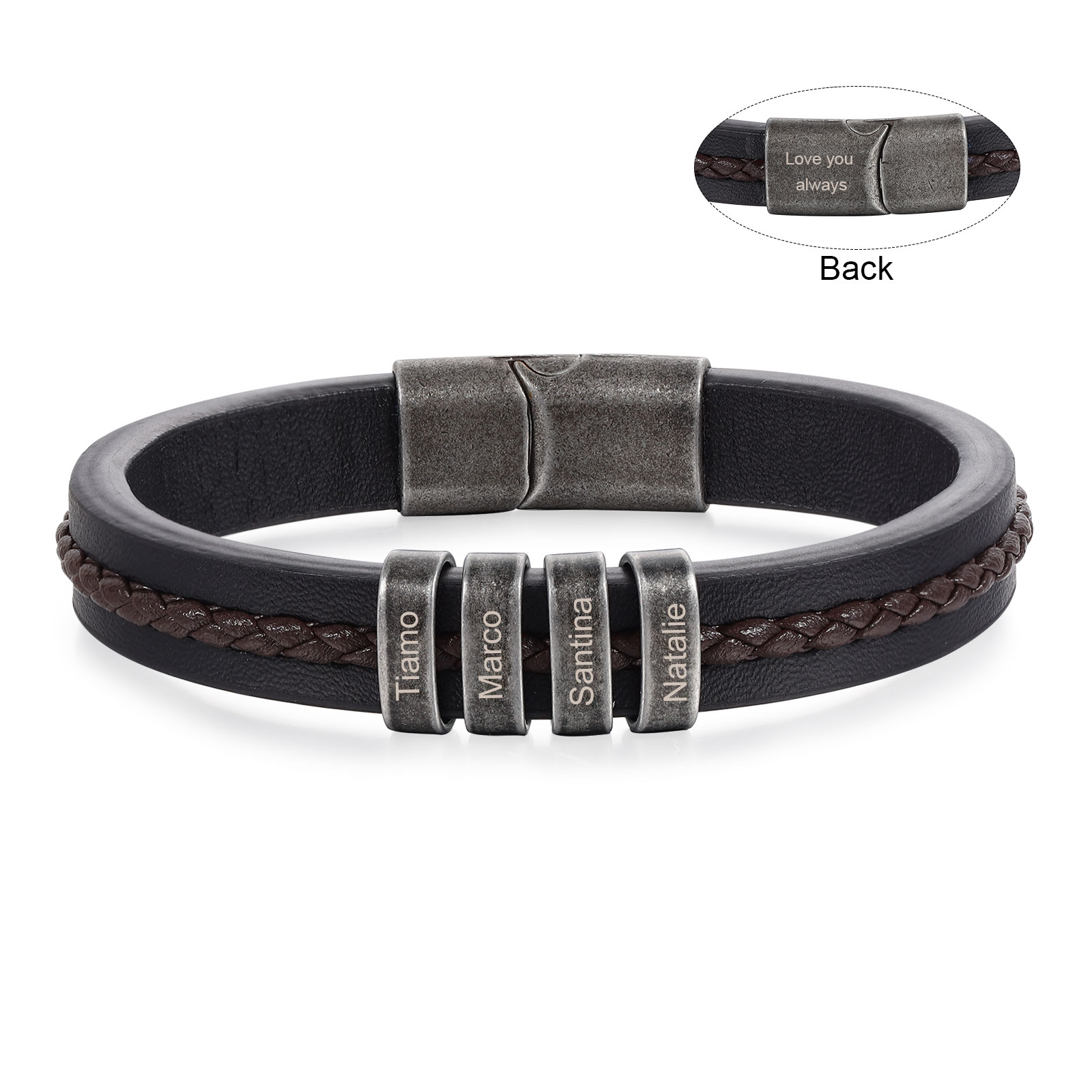 4 Names - Personalised Men's Leather Bracelet Custom Text Beaded Bracelets Vintage Gift for Him