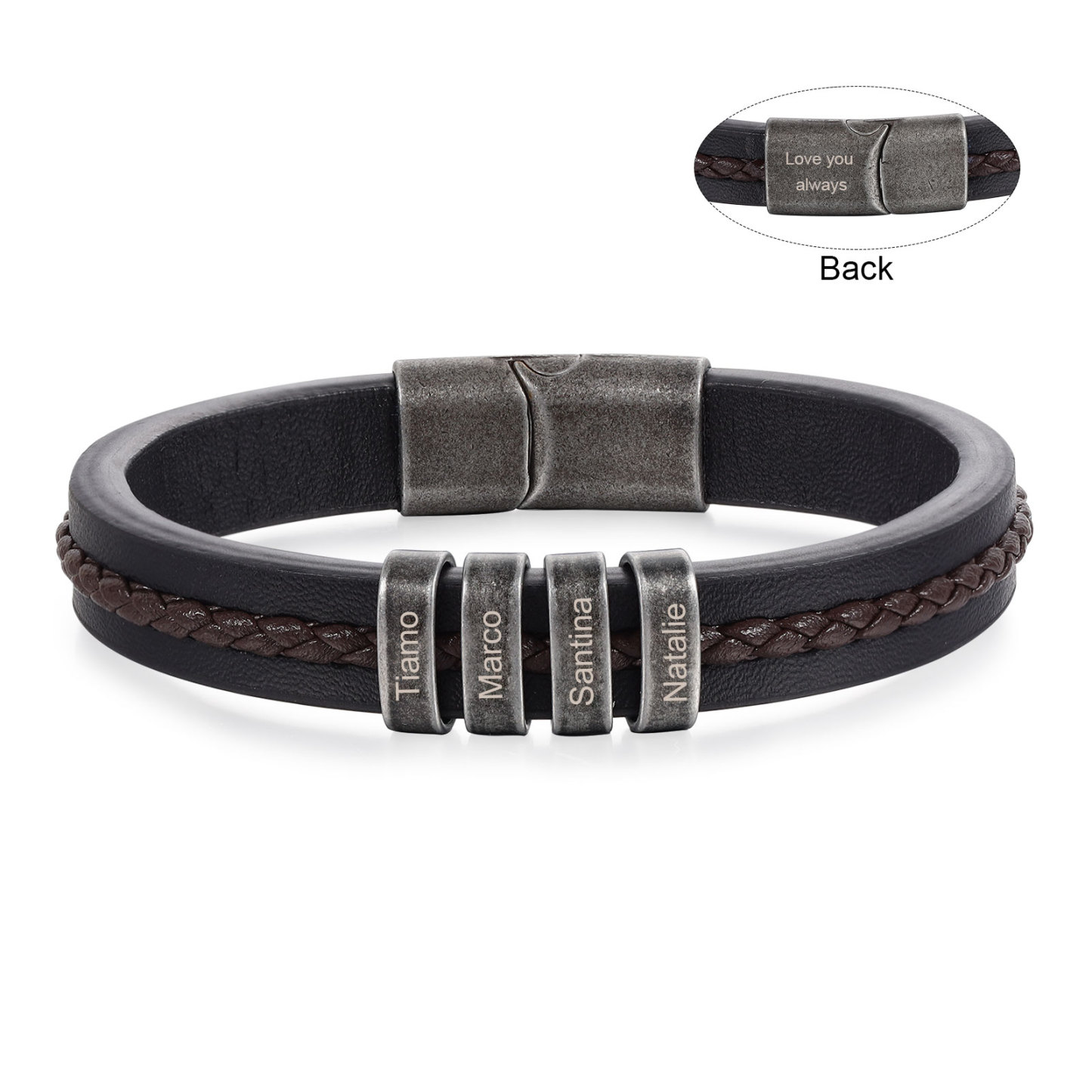 4 Names - Personalised Men's Leather Bracelet Custom Text Beaded Bracelets Vintage Gift for Him