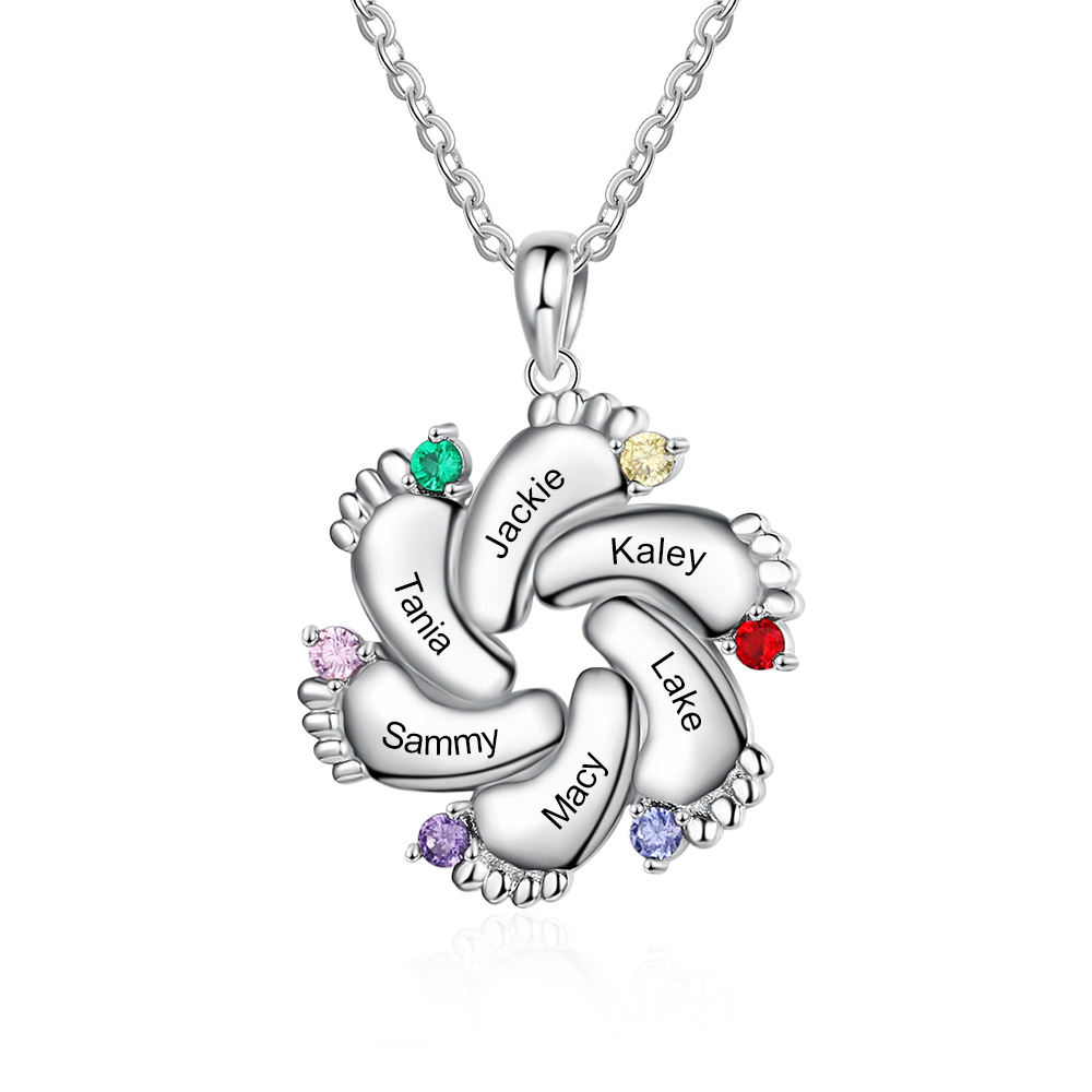 Personalised Baby Foot Necklace With 6 Birthstones Engraved Names Gift For Mother-Jessemade AU