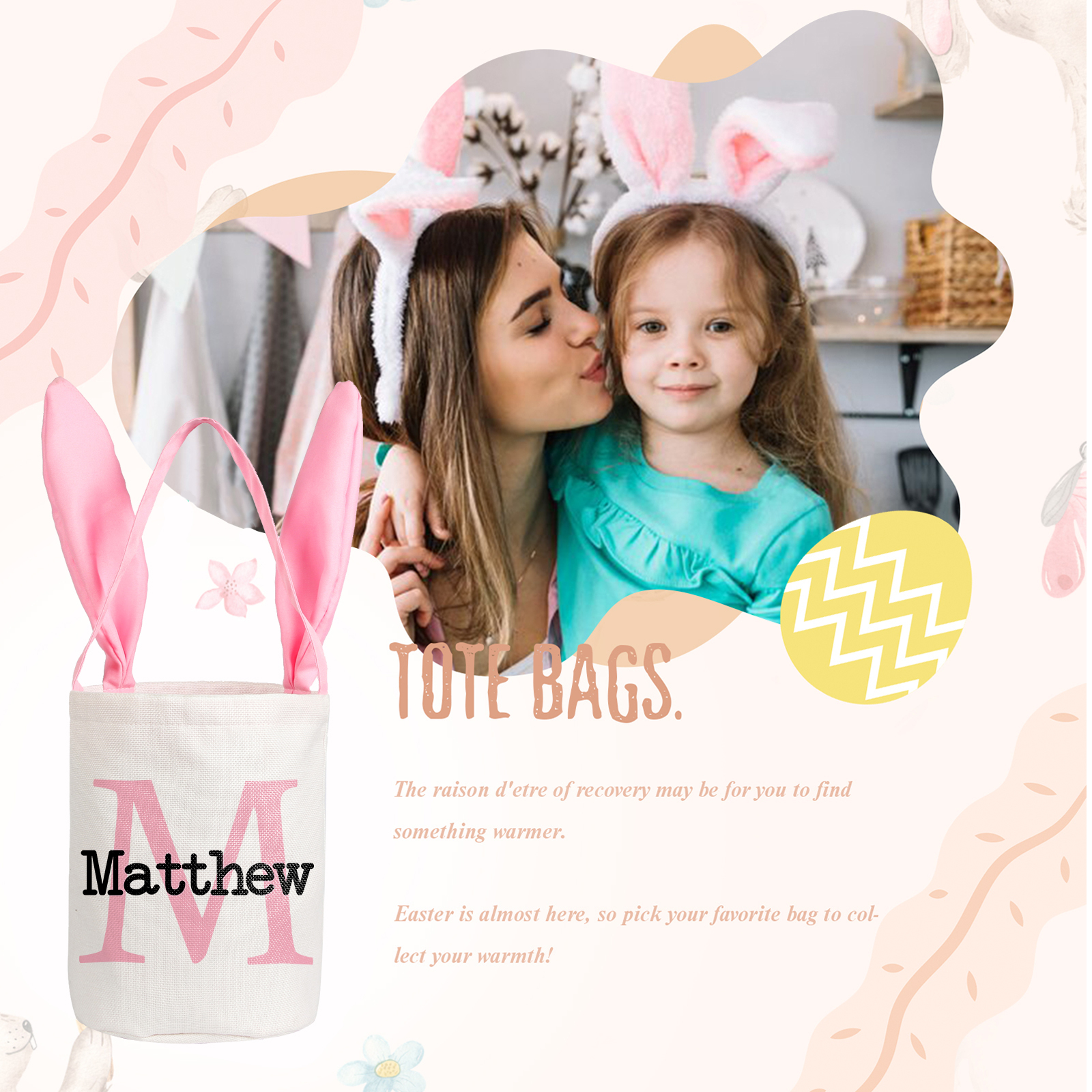 Easter Bunny Tote Bag Personalised Letter & Name Bucket Bag Bunny Basket Gifts For Kids-Jessemade AU