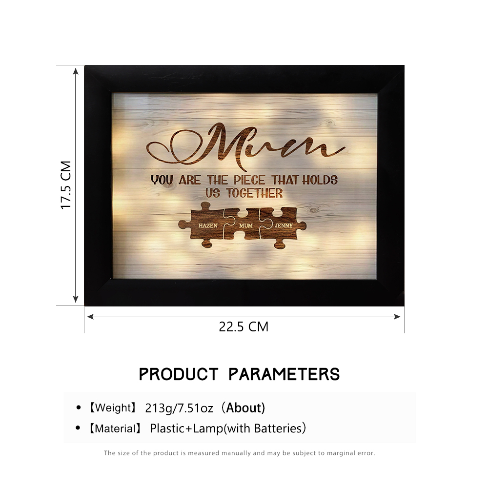 Personalised Mum Puzzle Picture Frame With Light Custom 3 Names Decor Gifts For Mother - You are the piece that holds us together-Jessemade AU