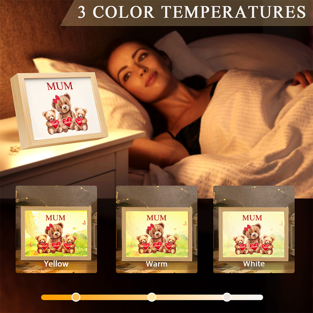 Personalised Frame Night Light Custom 1 Text  & 2 Names Teddy Bears Family Ornament Gifts for Mother/Grandma-Jessemade AU