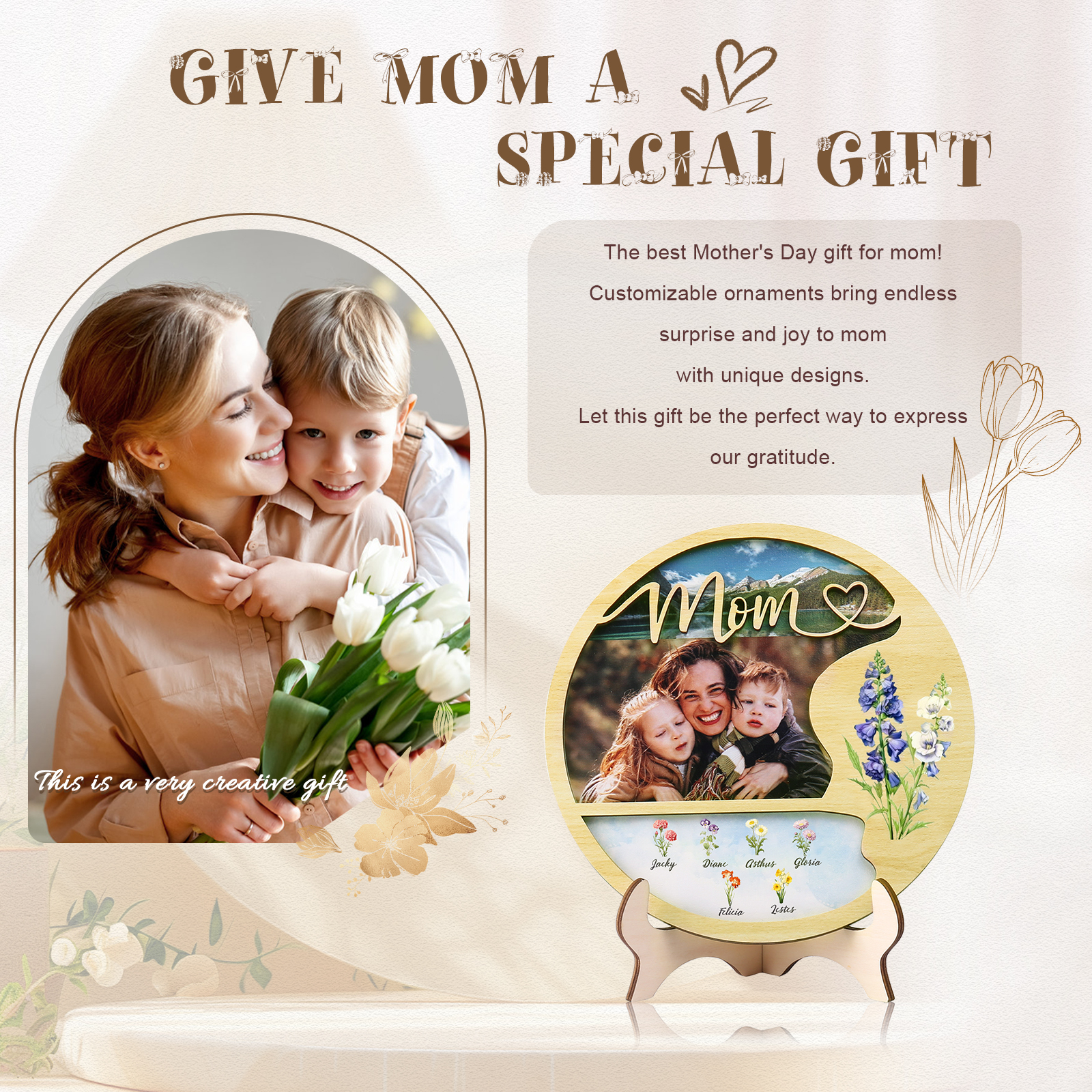 Personalised Photo & Text Wooden Plaque Custom 7 Birth Flowers & 6 Names Wooden Sign With Stand Gifts for Mum/Nana-Jessemade AU