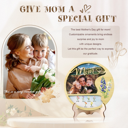 Personalised Photo & Text Wooden Plaque Custom 7 Birth Flowers & 6 Names Wooden Sign With Stand Gifts for Mum/Nana-Jessemade AU