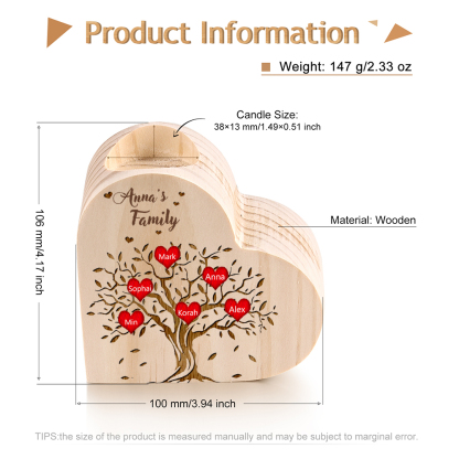 To My Family Wooden Heart Candle Holder Custom 6 Names Family Tree Candlesticks-Jessemade AU