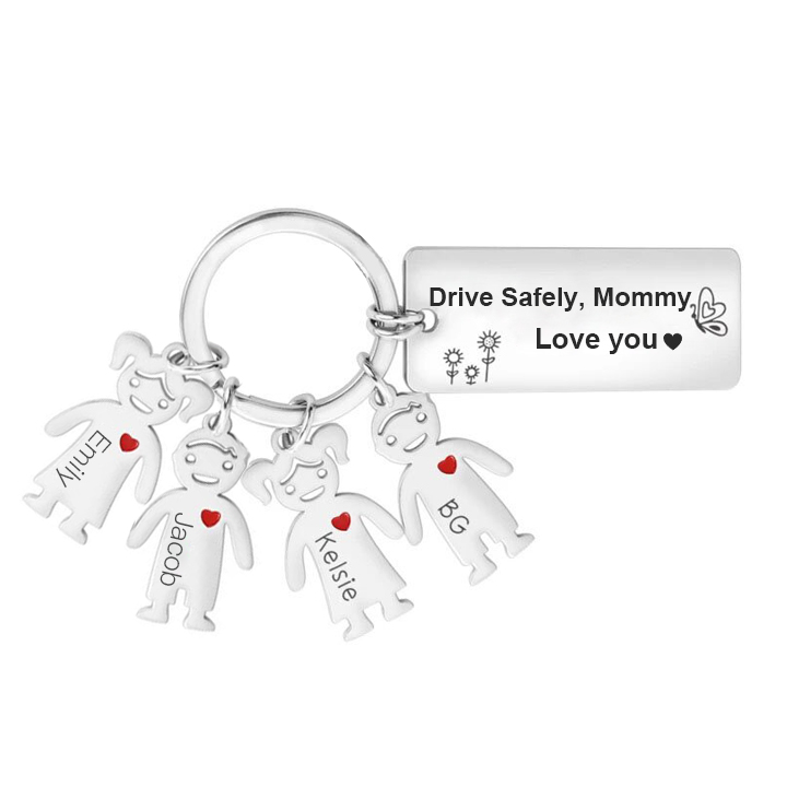 Personalised Kid Charm Keychain Engrave 4 Names Drive Safely Family Keychain-Jessemade AU