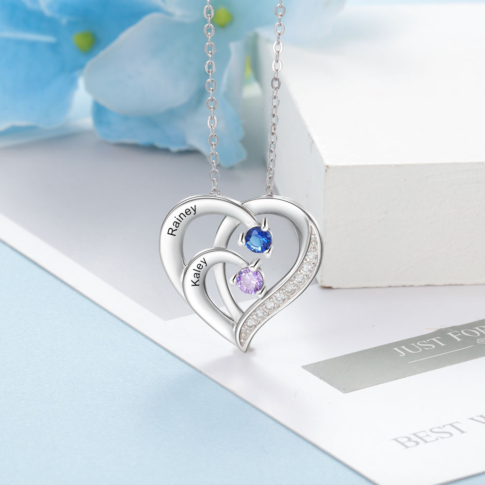 Personalised Mother Necklace 2 Stones Engraved 2 Names Birthstone Intertwined Heart Pendant Gifts for Her-Jessemade AU