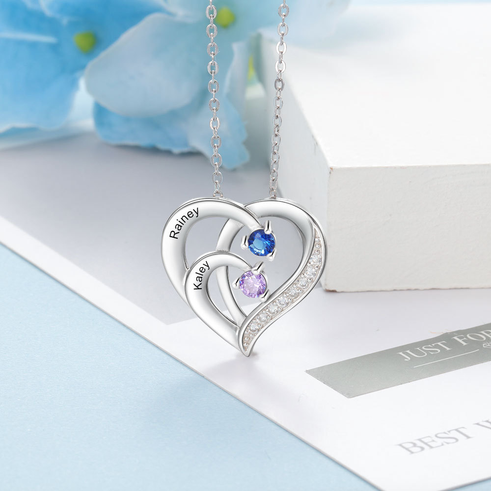 Personalised Mother Necklace 2 Stones Engraved 2 Names Birthstone Intertwined Heart Pendant Gifts for Her-Jessemade AU