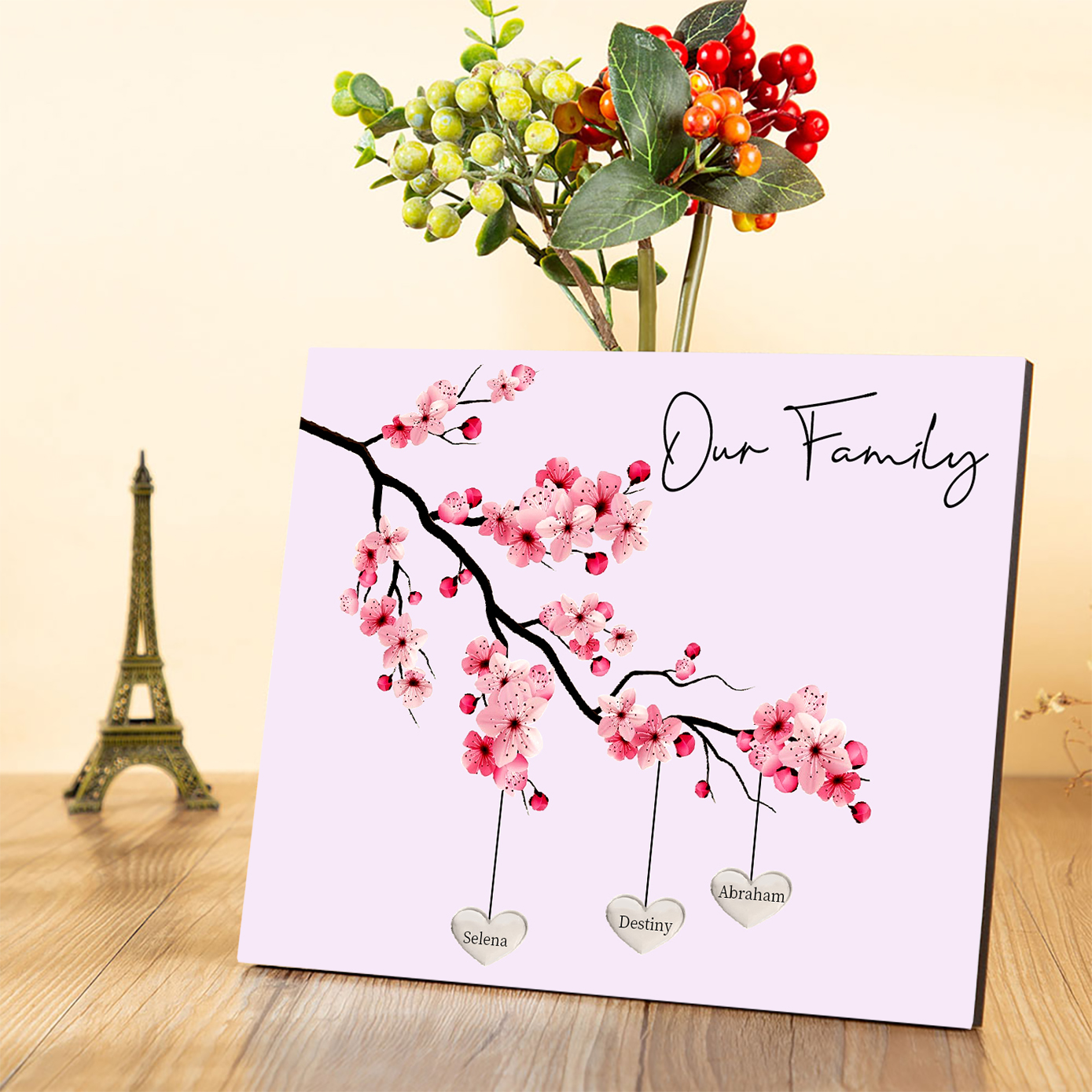 Personalised Plum Blossom Family Tree Picture Board Keepsake Wood Signs Photo Frame Engrave 3 Names-Jessemade AU