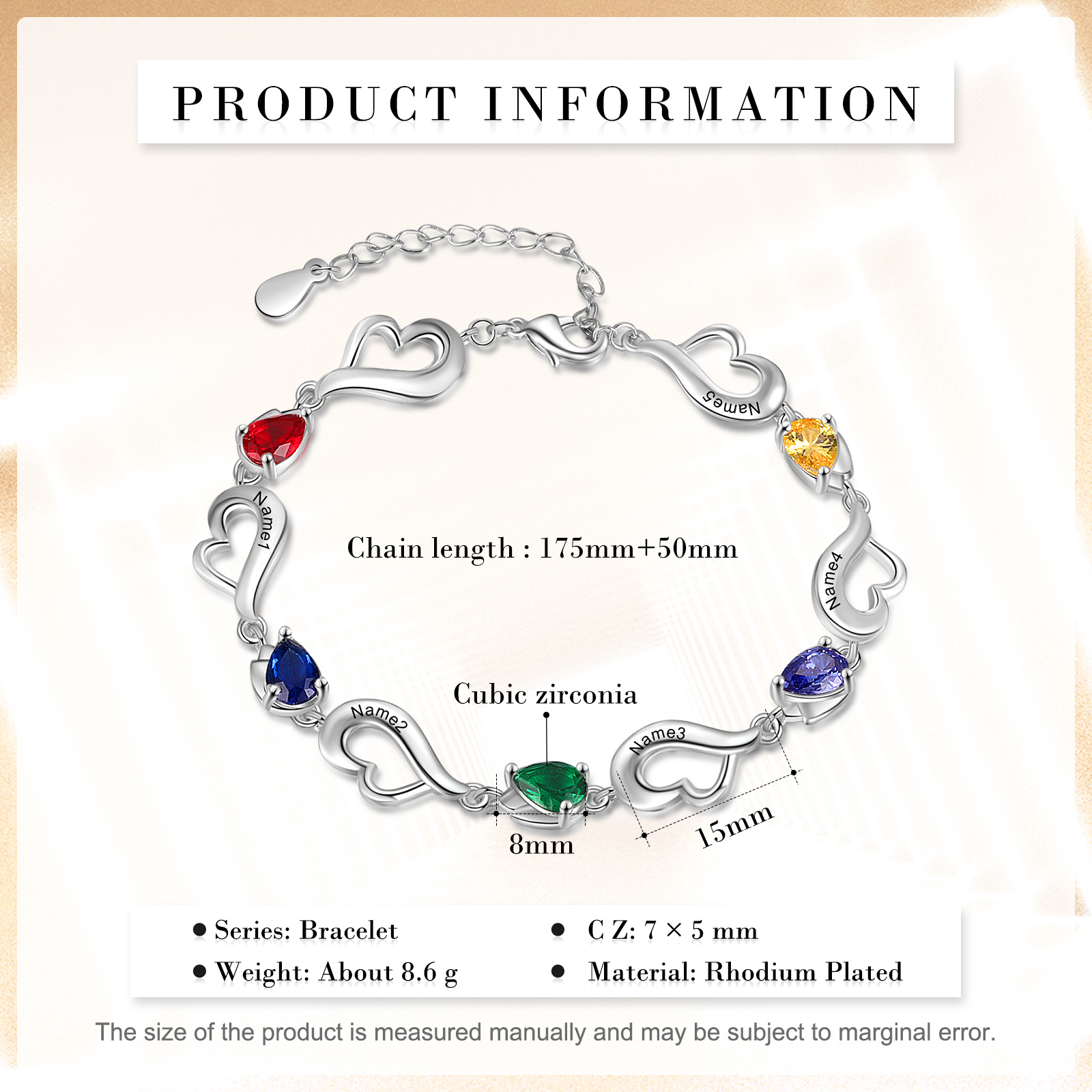 Personalised Heart Bracelet With 5 Birthstones Engraved Name Bracelet Gifts For Her-Jessemade AU