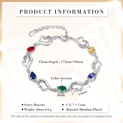 Personalised Heart Bracelet With 5 Birthstones Engraved Name Bracelet Gifts For Her-Jessemade AU