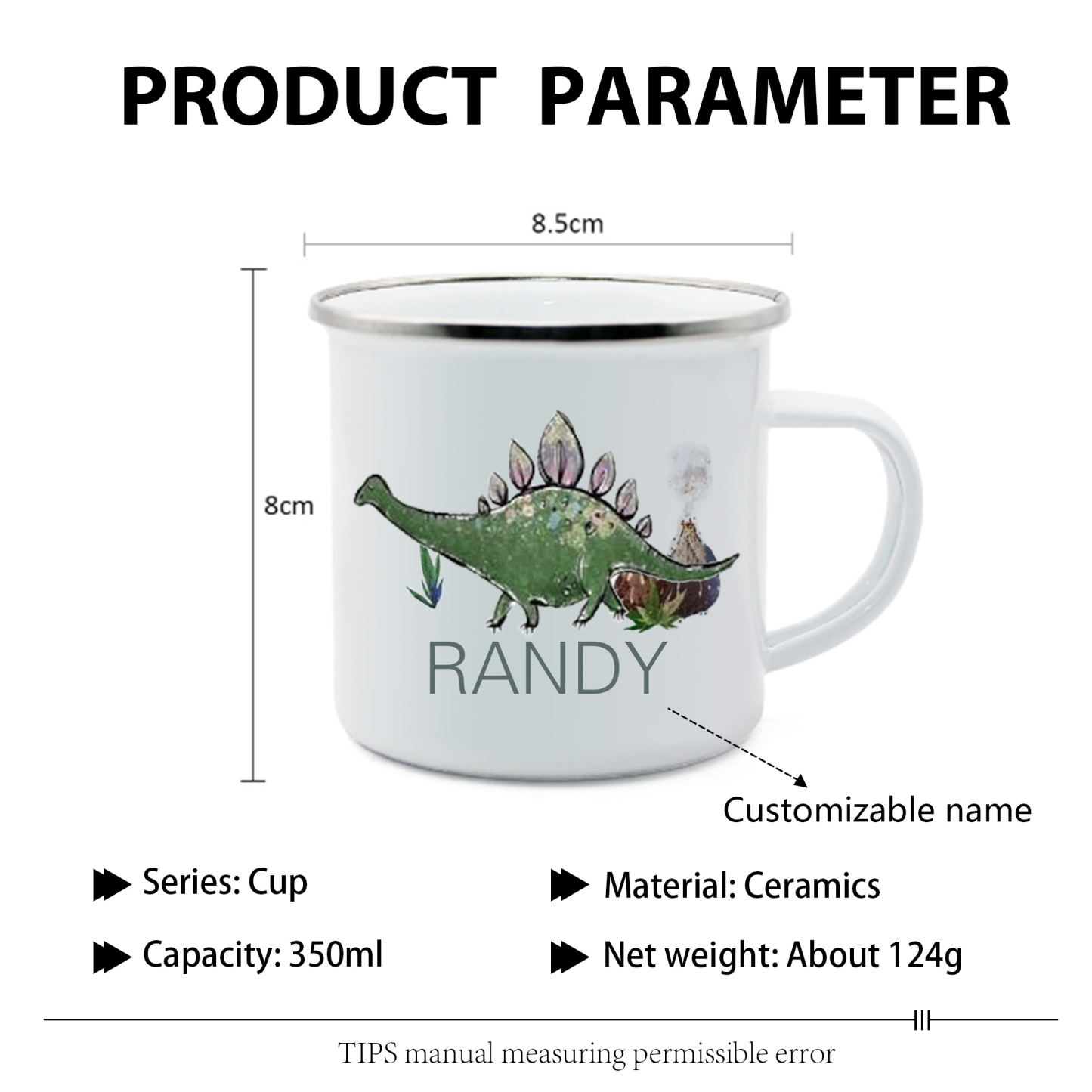 Personalised Enamel Mug Customised Name Dinosaur Cup Camping Mug Birthday Gift for Kids - Stegosaurus-Jessemade AU