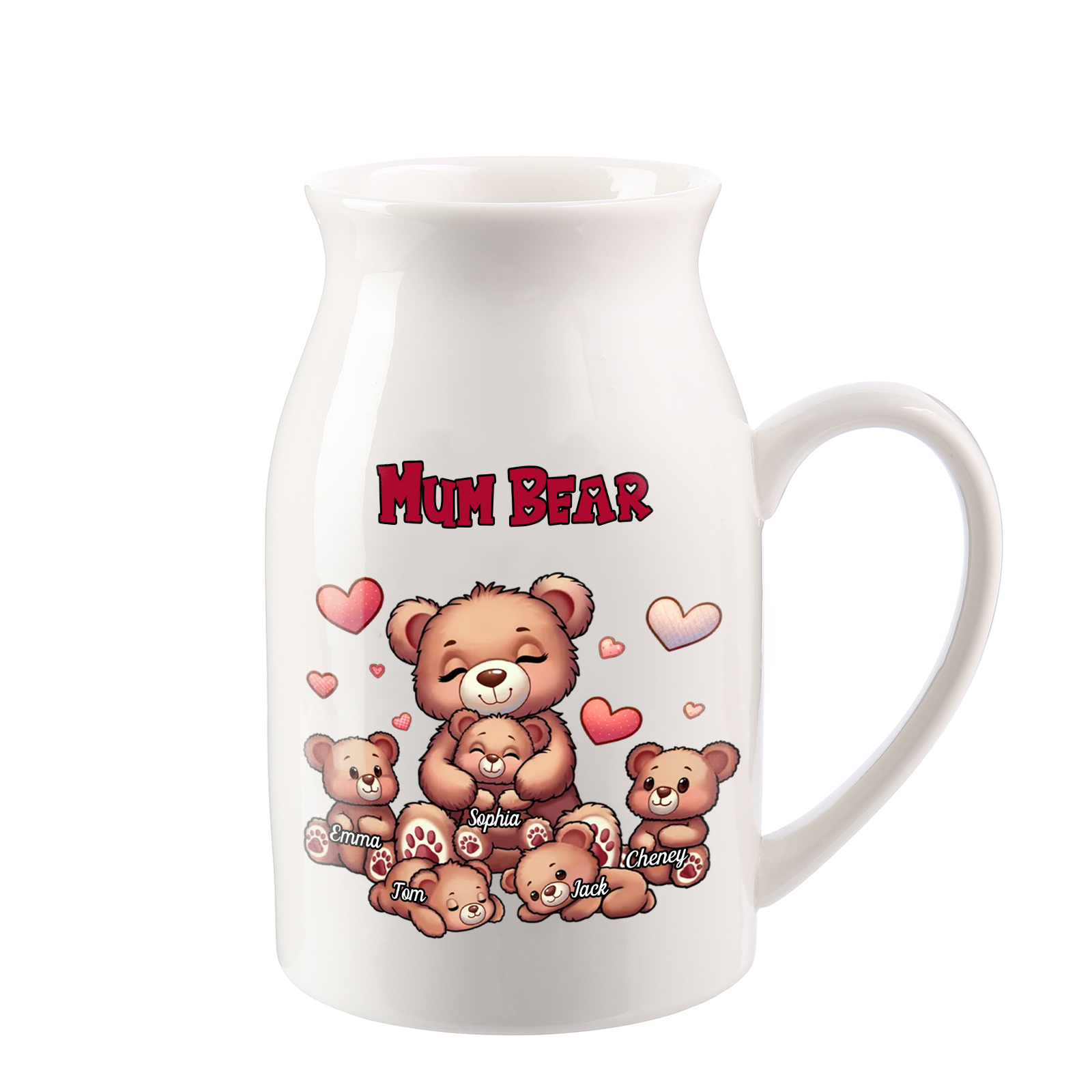 Personalised Ceramic Flower Vase Custom 2–8 Names & 1 Text Bear Family Vase Gift for Mother/Grandma-Jessemade AU