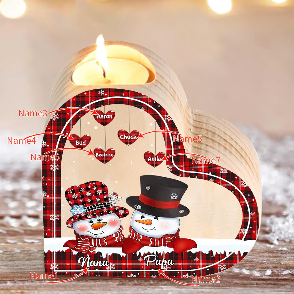 Heart-Shaped Christmas Candle Holder Engraved 7 Names Snowman Candlesticks Personalised Gift for Family-Jessemade AU