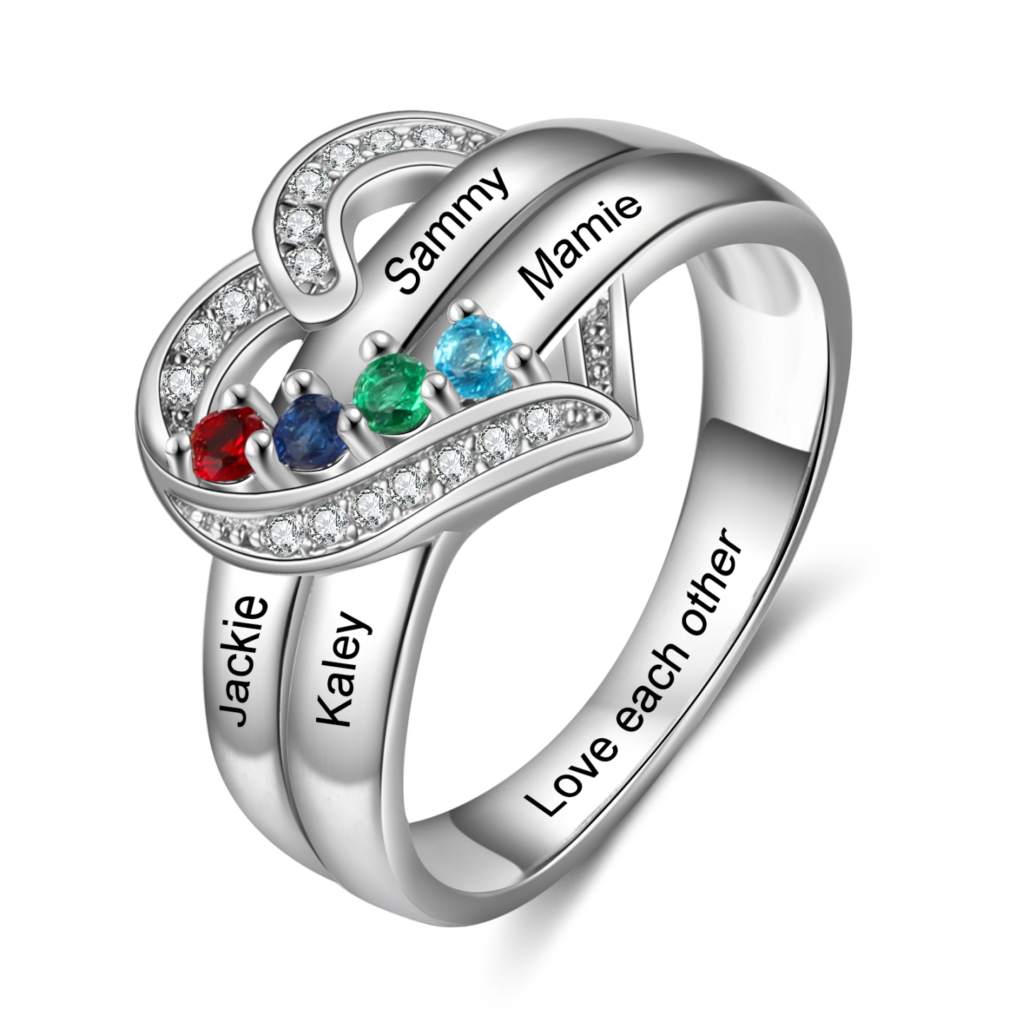 S925 Silver Personalised Mother Ring with 4 Birthstones Heart Family Ring-Jessemade AU