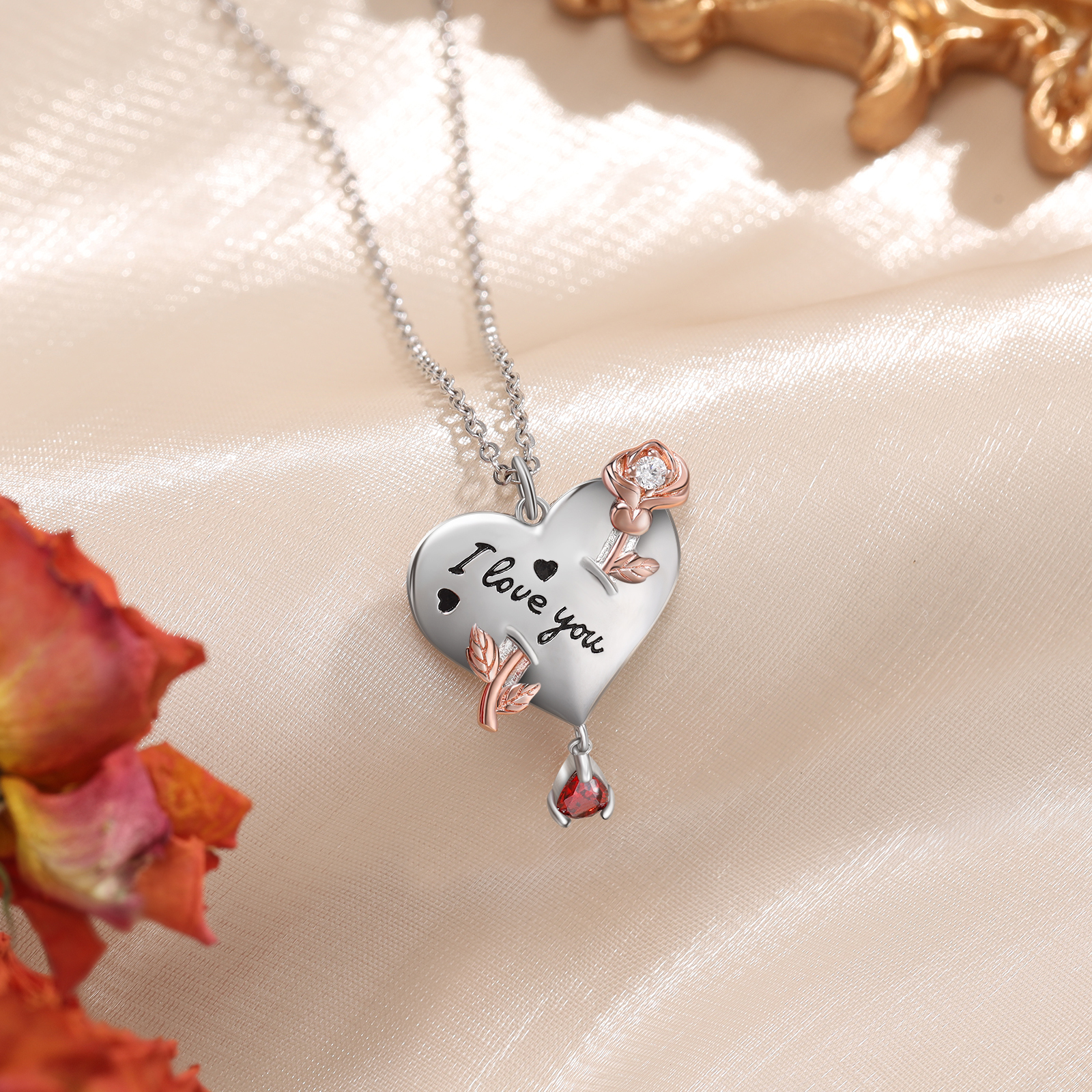 Personalised Heart Rose Necklace With Birthstone Valentine's Day Gifts For Her-Jessemade AU
