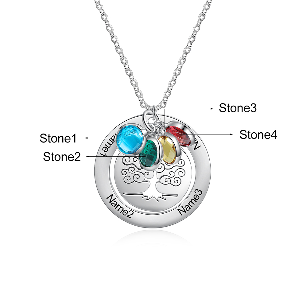 Personalised Family Tree Necklace with 4 Birthstones Engraved Names Gift For Women-Jessemade AU