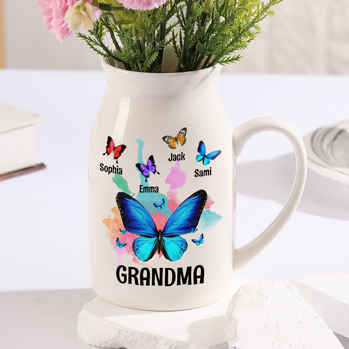 Personalised Ceramic Flower Vase Custom 2–8 Names & 1 Text Colourful Butterfly Vase Gift for Mother/Grandma-Jessemade AU