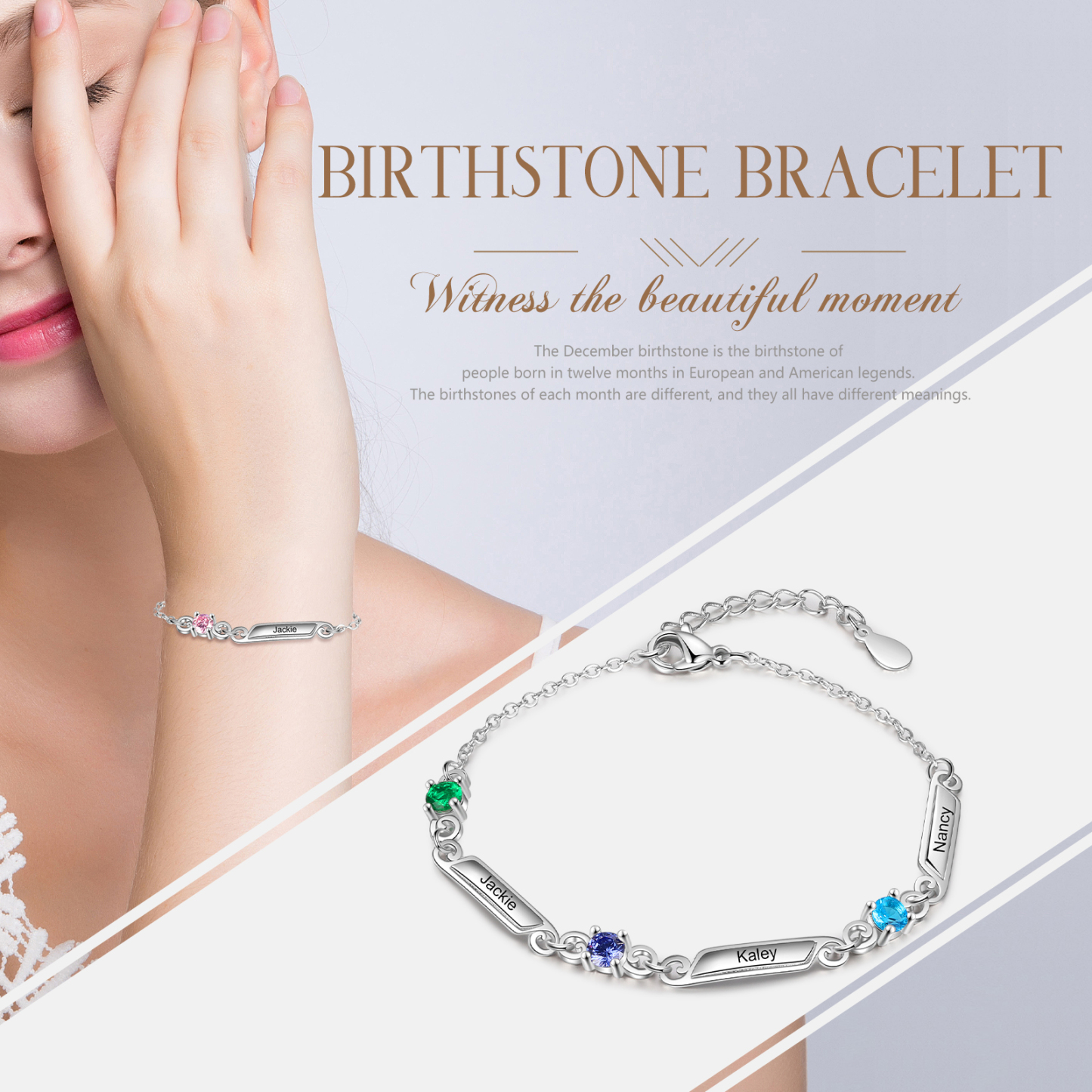 Personalised Family Name Bracelet With 3 Birthstones Engraved Names Gift For Her-Jessemade AU