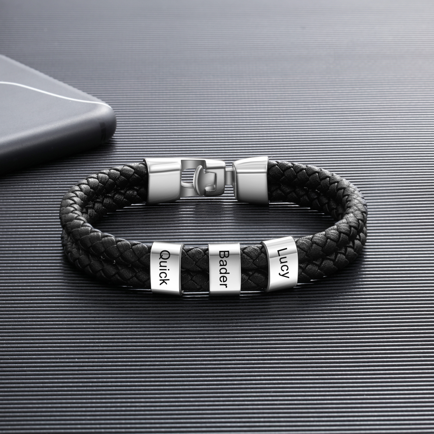 Personalised Braided Leather Bracelet Engraved 3 Names Men's Bracelet for Him-Jessemade AU