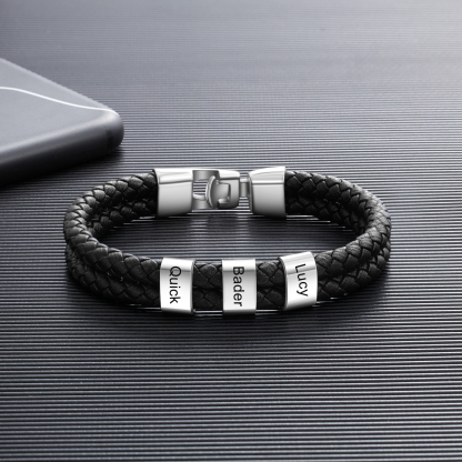 Personalised Braided Leather Bracelet Engraved 3 Names Men's Bracelet for Him-Jessemade AU