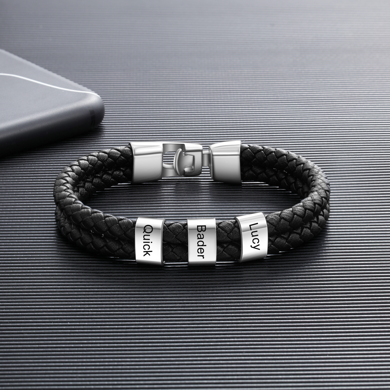 Personalised Braided Leather Bracelet Engraved 3 Names Men's Bracelet for Him-Jessemade AU