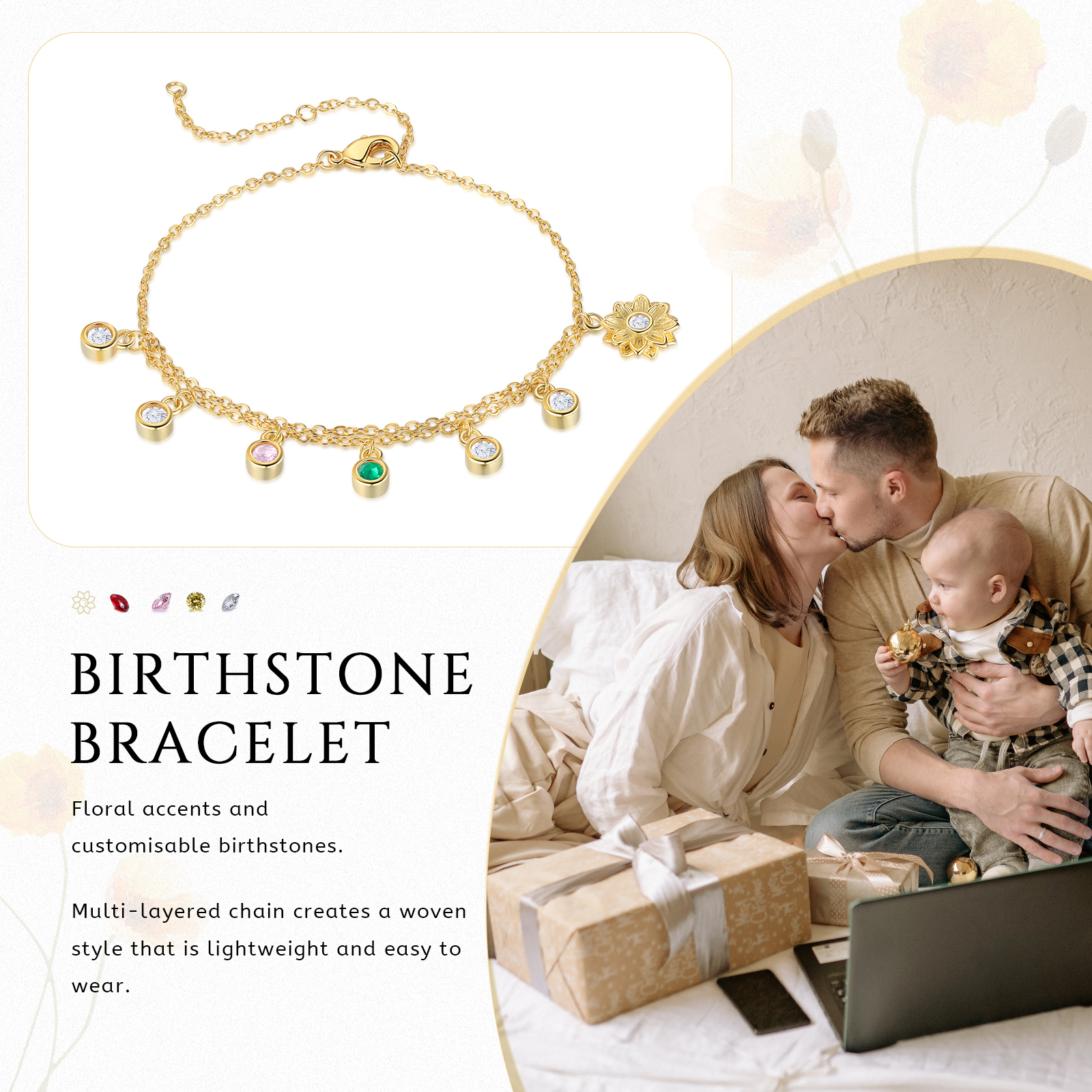Personalised Women's Bracelet Custom 2 Birthstones Bracelet Gold Adjustable Bracelet Mother's Day Gift for Her-Jessemade AU