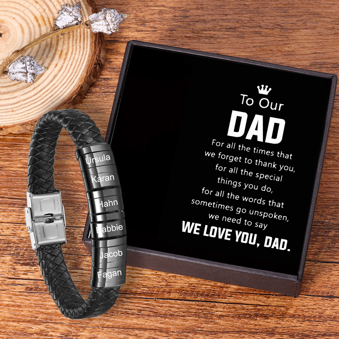 Men Leather Bracelet with 6 Beads Engraved Names Custom Bracelet For Dad-Jessemade AU
