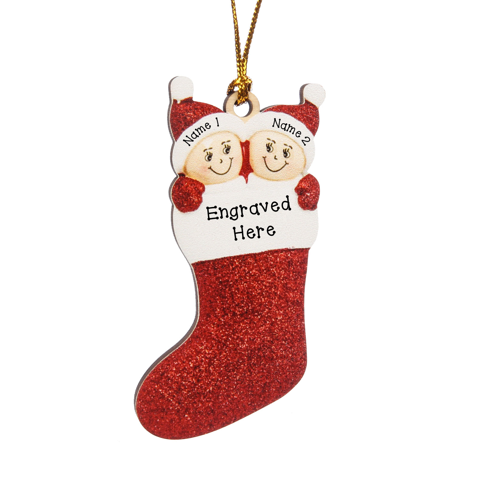 2 Names - Personalised Christmas Stocking Ornament Customised Name & Text Wooden Hanging Ornaments Christmas Gift for Family