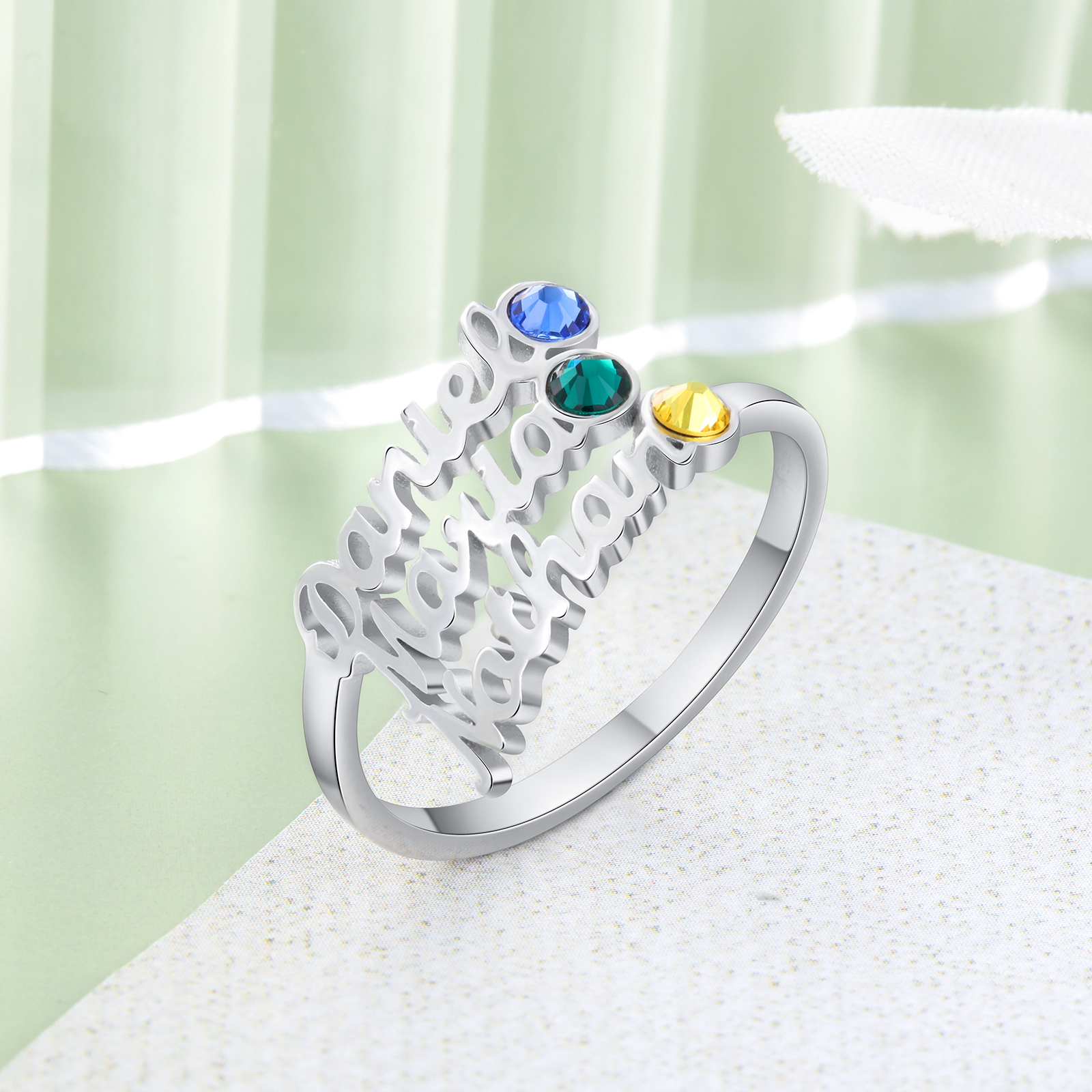 Personalised Birthstone Ring Custom 3 Names Ring Best Gift For Women-Jessemade AU