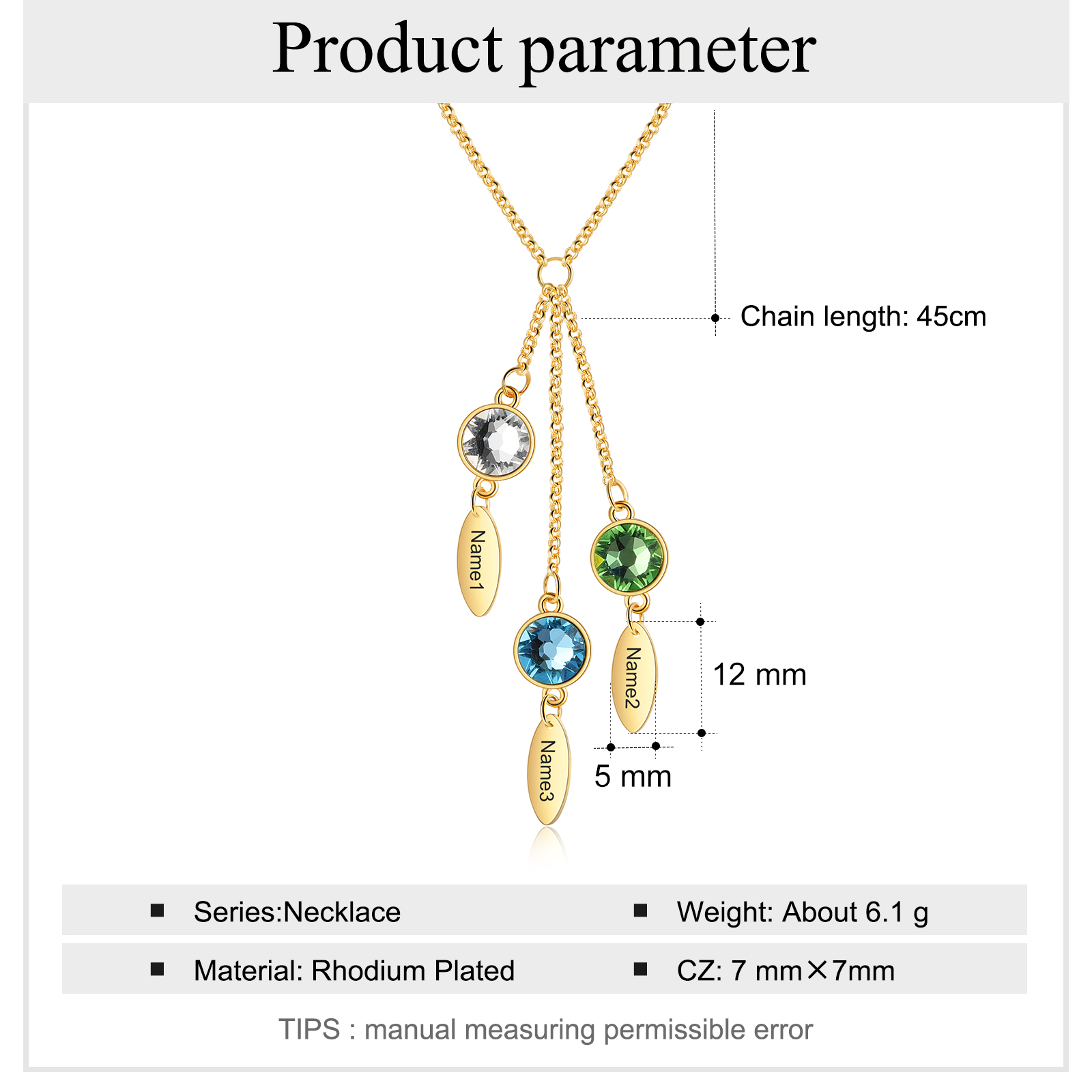 Personalised Bar Necklace With 3 Birthstones Engraved Names Necklace Best Gift For Mother-Jessemade AU