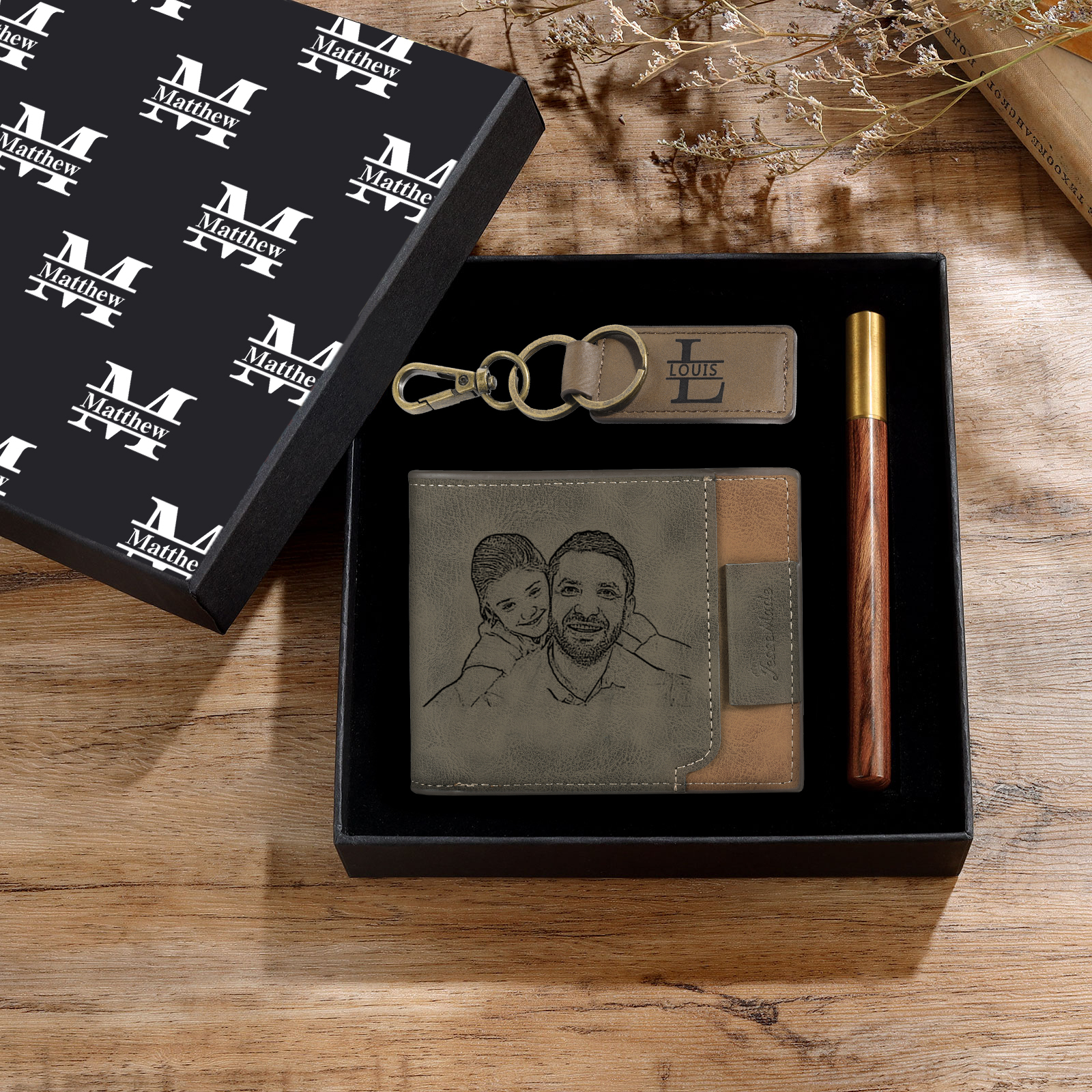 Personalised 1 Photo & 3 Names & 3 Letters Gift Set Custom Wallet & Keychain & Pen Gift Box Set Father’s Day Gift for Him-Jessemade AU