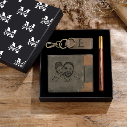 Personalised 1 Photo & 3 Names & 3 Letters Gift Set Custom Wallet & Keychain & Pen Gift Box Set Father’s Day Gift for Him-Jessemade AU