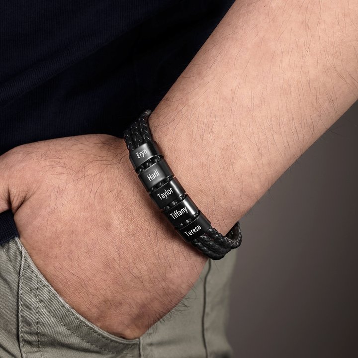 Personalised Braided Leather Bracelet Engraved 2 Names Men's Bracelet Gifts For Him-Jessemade AU